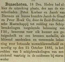 The Nieuwe Amersfoortsche Courant on the two fishermen from Bunschoten, 23-12-1882 (Photo: Delpher)