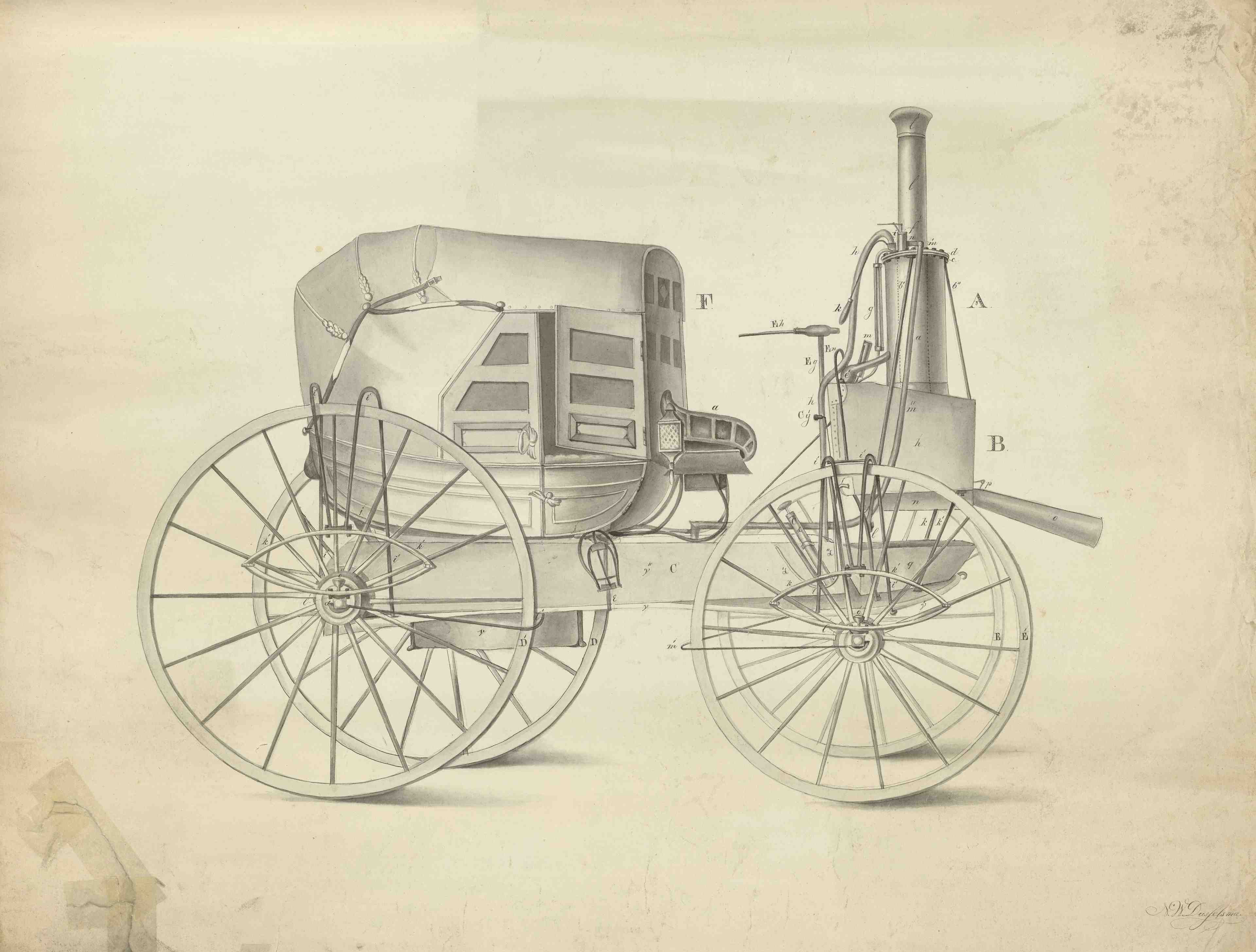 Tekening van de stoomwagen van Stratingh