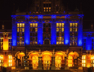 Academy Building in blue-yellow