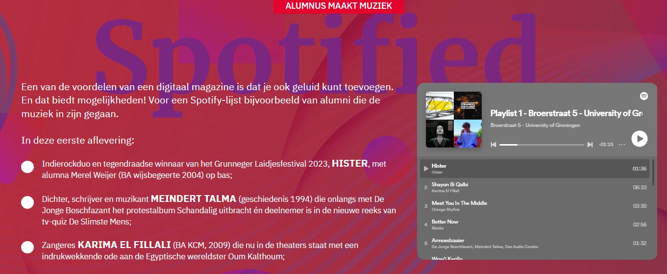 The new column "Alumnus produces music" with a Spotify player