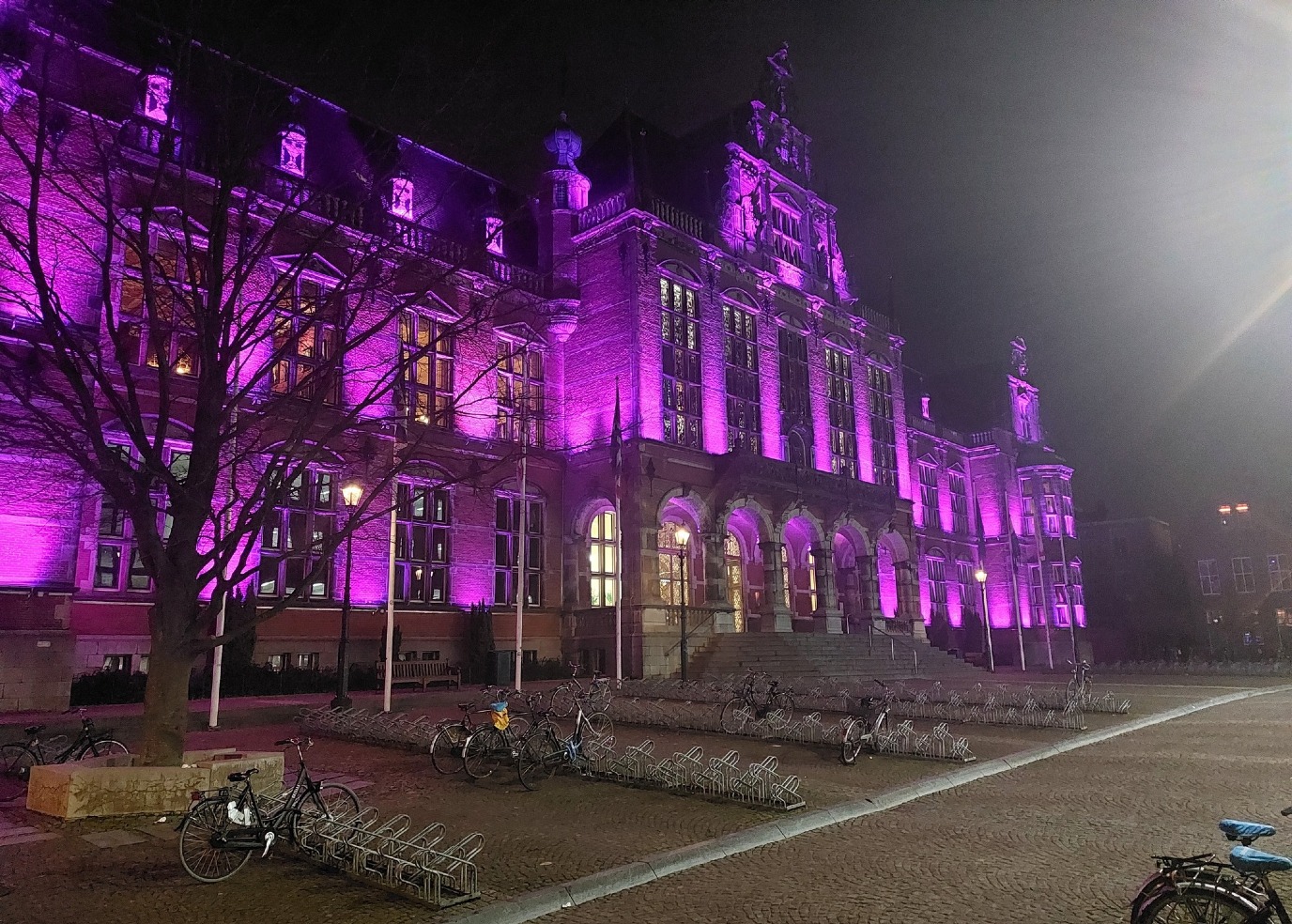 Het Academiegebouw met paarse verlichting in 2023