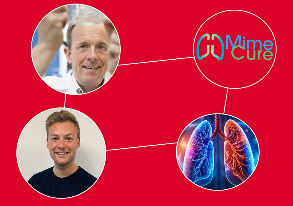 Wetenschap Werkt: Mimecure. De afbeelding toont het logo van MimeCure, onderzoekers Erik Frijlink en Luke van der Koog, en een foto van longen. Deze worden aan elkaar verbonden met witte lijnen.
