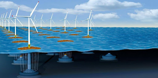 Rendering of a hybrid energy farm featuring hybrid Ocean Grazer WEC 3.0 devices