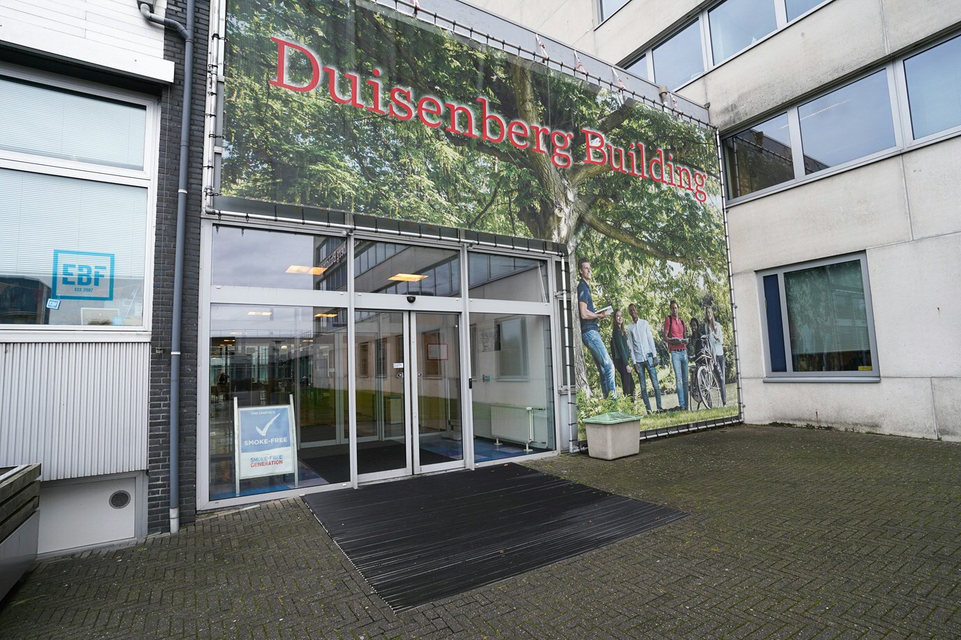 Entrance to the back of the building, automatic sliding doors