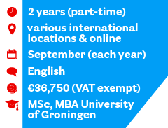 Duration: 2 years (part-time), Location: various international locations & online, Start: September, Language: English, Costs: € 36,750 (VAT exempted), Title: MSc, MBA