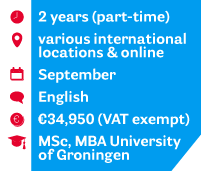 Duration: 2 years (part-time), Location: various international locations & online, Start: September, Language: English, Costs: € 34,950 (VAT exempted), Title: MSc, MBA