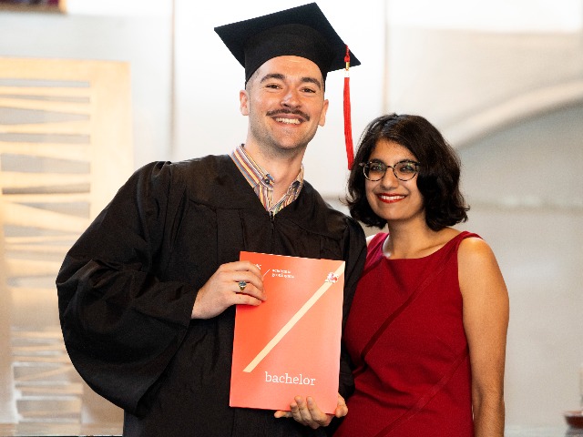 Johan Lakke at his bachelor's graduation with dr. Indira van der Zande, Director of Education at Campus Frysl&acirc;n