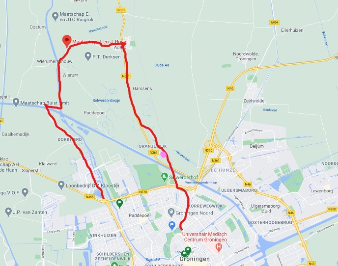 Starting at Reitdiephaven and ending at the Noorderplantsoen. Go to the Pink dot for an alpaca adventure ;)