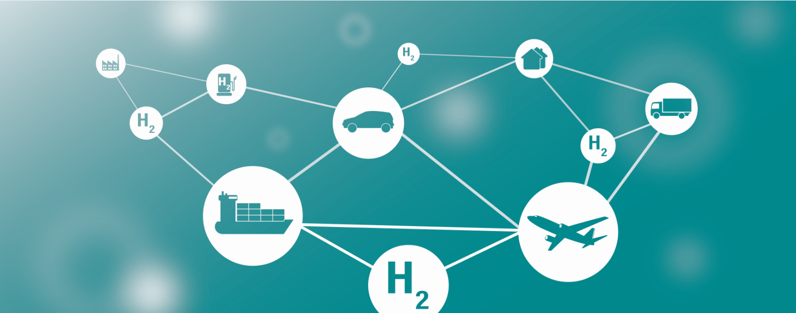 Connected dots with symbols of a ship, airplane, car and H2