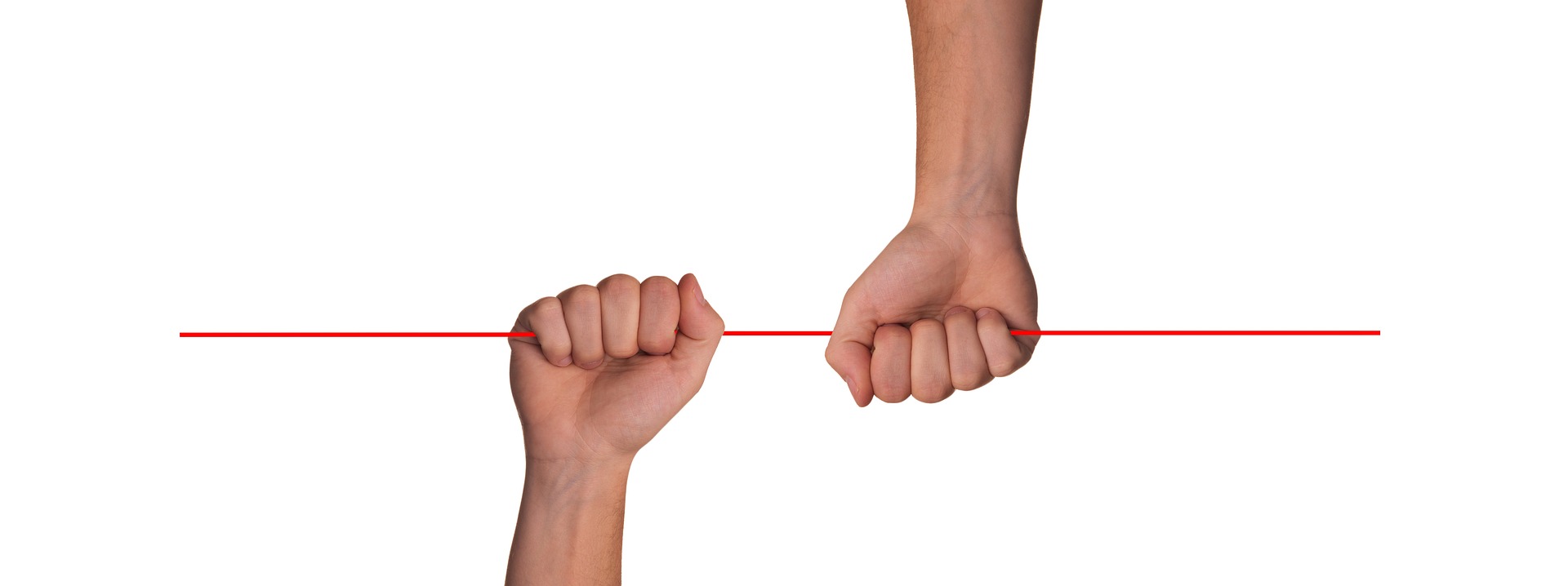 two hands holding a red thread