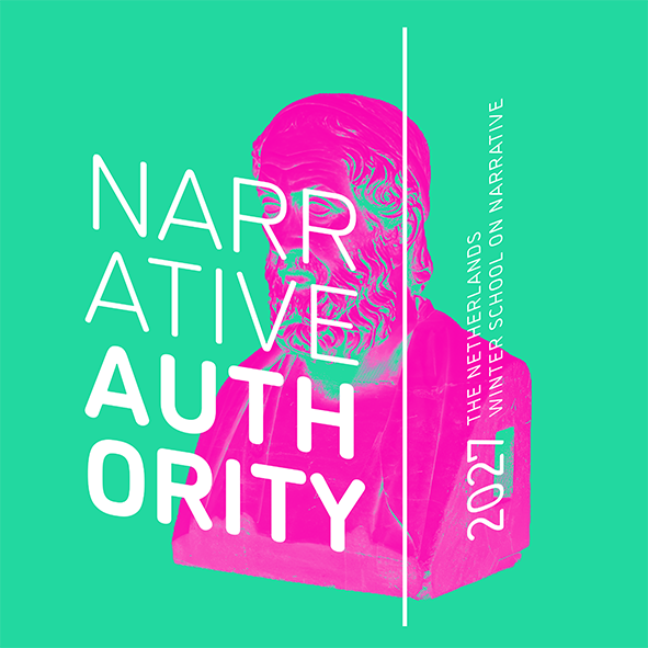 Image of a pink sculpture of a man over a green background with Narrative Authority written over it