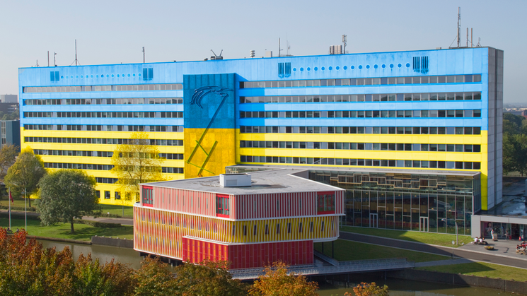 Duisenberg building in colors of the Ukrainian flag