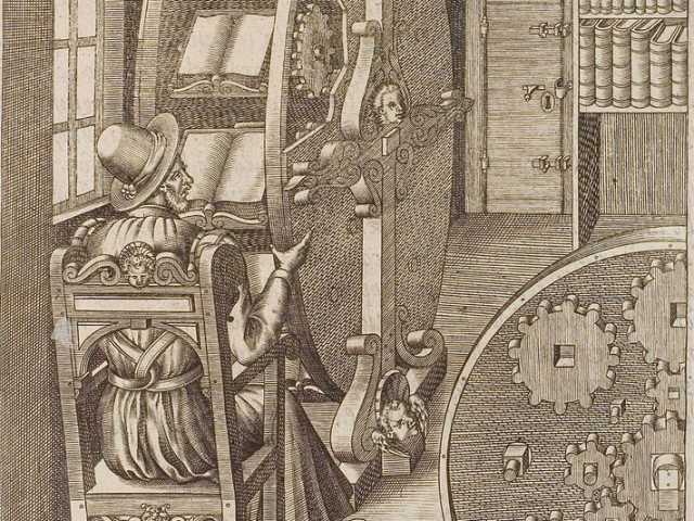 Figure CLXXXVIII in Le diverse et artificiose machine del Capitano Agostino Ramelli, an illustration of a bookwheel (1588)