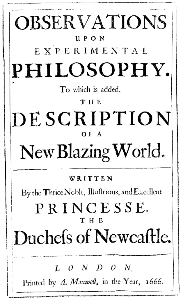 Title page of Observations upon Experimental Philosophy by Margareth Cavendish, 1666.