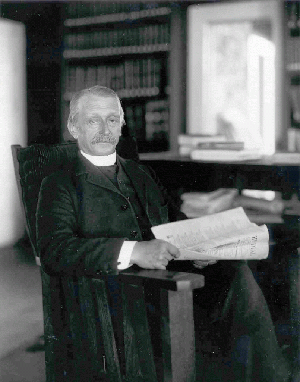 This picture of Kapteyn was made at the Monastery (the residence of visiting astronomers) at the Mount Wilson Observatory during one of Kapteyn's annual visits in 1908. Kapteyn is holding a copy of the literary magazine "The Dial". This picture has been supplied by Dr. T.D. Kinman, courtesy of the Observatories of the Carnegie Institution of Science.