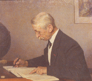 Painting of J.C. Kapteyn at his desk by Jan Veth. This painting dates from 1918 and was made at the occasion of his 40th anniversary as professor in Groningen. On the wall behind Kapteyn a picture of David Gill. The painting now resides in the Kapteyn Room in the Kapteyn Astronomical Institute