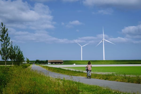 Countryside with farm and windmills