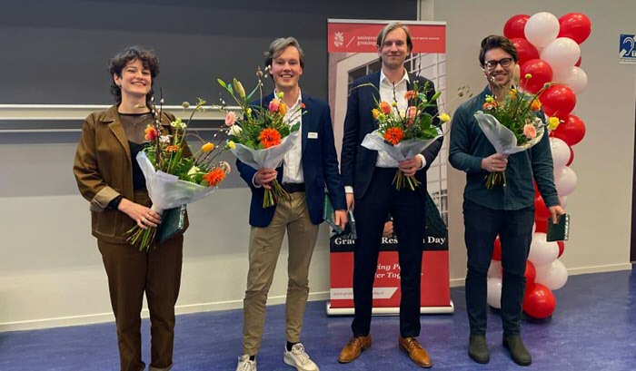 GRD 26 January 2023: Sascha Herfkens - keynote speaker, Rik Roosjen - keynote speaker, Joris van de Sande - winner best presentation, Ingmar Vlogman - winner best poster presentation