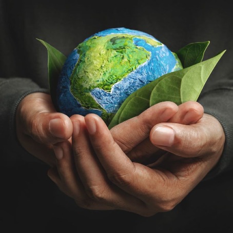 Earth enfolded in leaves, held by hands