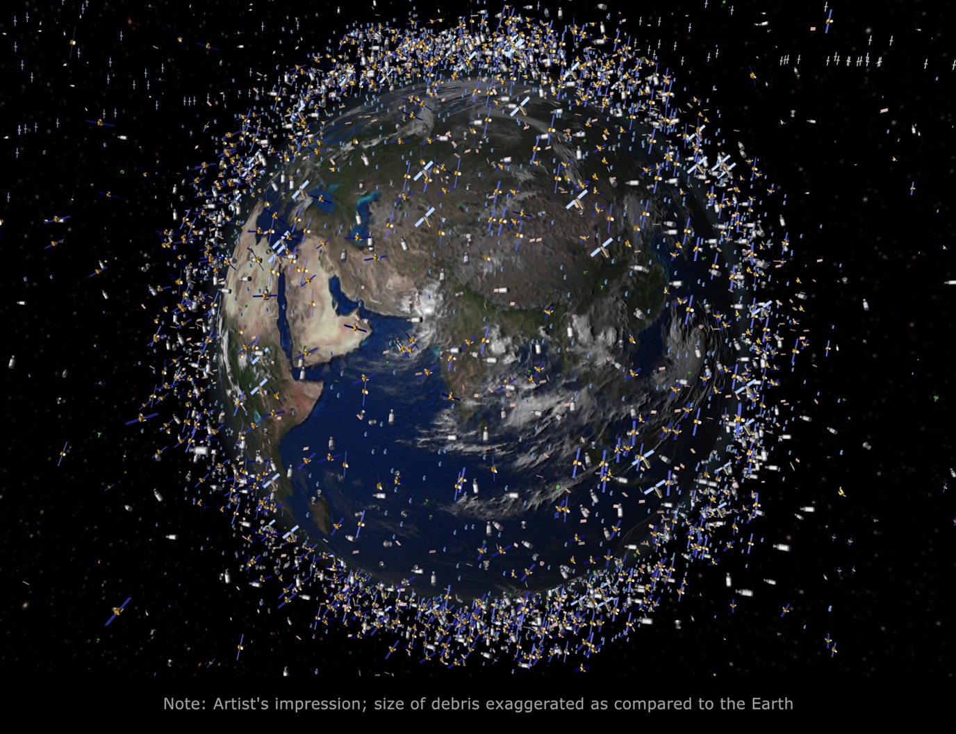 Van het bekende en gevolgde ruimteafval bevindt 70 procent zich in een lage baan om de aarde, die zich uitstrekt tot ongeveer 1.250 mijl (2.000 km) boven het aardoppervlak. Bron: ESA