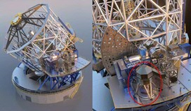 De ELT met de eerste generatie instrumenten (Harmoni, MICADO en het adaptieve optische systeem MAORY, METIS) op het Nasmyth-platform. MICADO is rood omcirkeld. Credits: ESO/MICADO-consortium