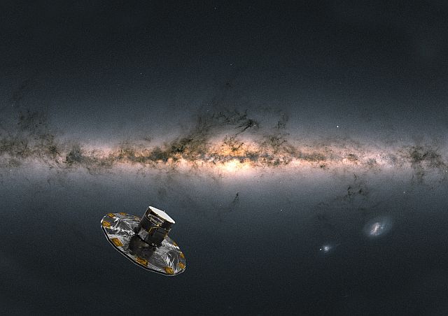 Gaia observes the Milky Way. Spacecraft: ESA/ATG medialab; Milky Way: ESA/Gaia/DPAC; CC BY-SA 3.0 IGO. Acknowledgement: A. Moitinho.