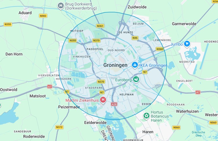 de Large Hadron Collider geprojecteert op de stad Groningen