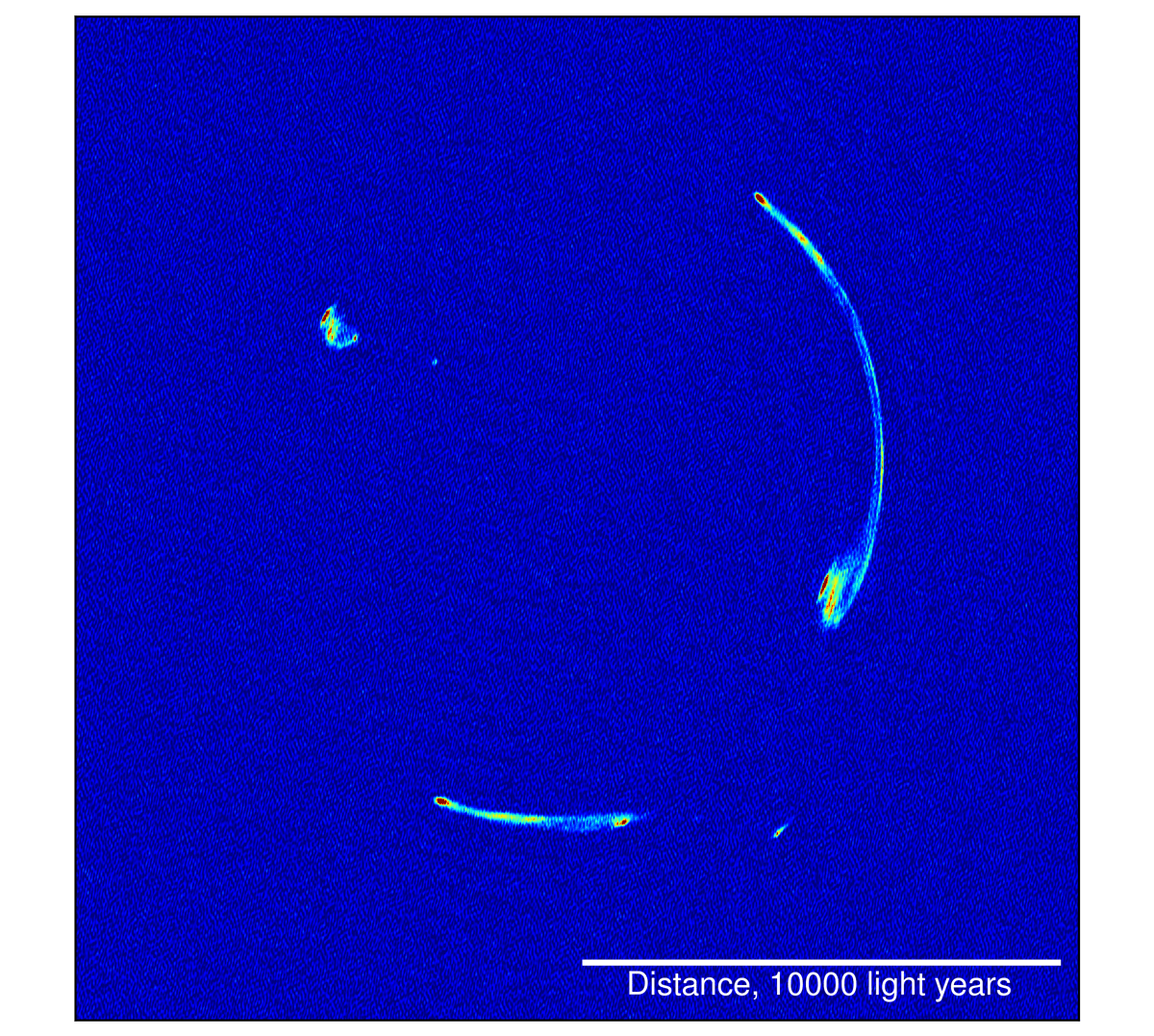Radio source MG J0751+2716 appearing as arcs due to the gravity distortion of the foreground galaxy. The image was created using a global VLBI telescope array. | Image credit: C. Spingola (Kapteyn Astronomical Institute)