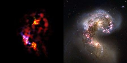 Antennae Galaxies, side-by-side comparison of ALMA and VLT observations