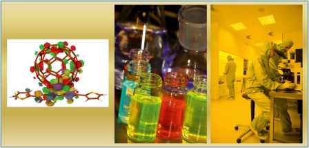 Figure 1. The three interwoven research lines within this FOM focus group - theory & modelling, materials, and optic and device physics - will lead to a new generation of ‘plastic’ solar cells.