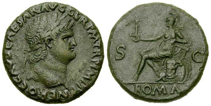 Roman coin with Nero's image minted between 64-66 CE, the time of the great fire that devastated Rome and occasioned the persecution of the Christians.