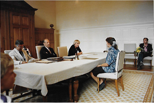 Riekje at her graduation ceremony in 1989 (with professor Lang, professor van der Werff en drs. Margreet Roorda)