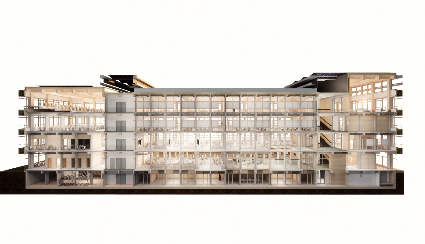 Dwarsdoorsnede van het gebouwontwerp.