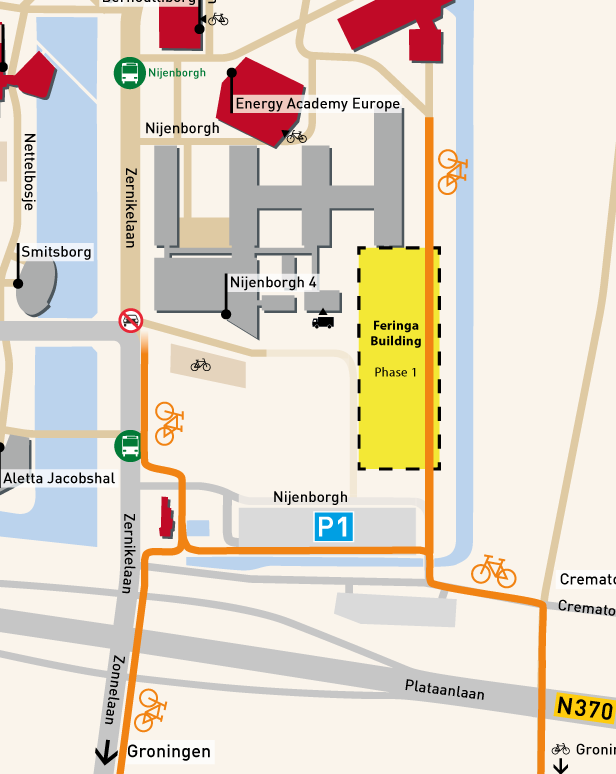 Overzicht met beschikbare fietsroutes aan de oostzijde van de campus.