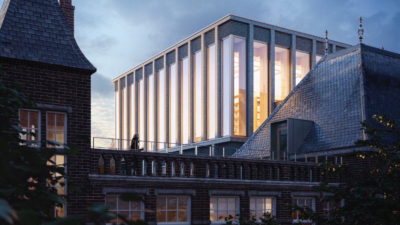 Doorkijkje vanaf oudbouw naar nieuwbouw