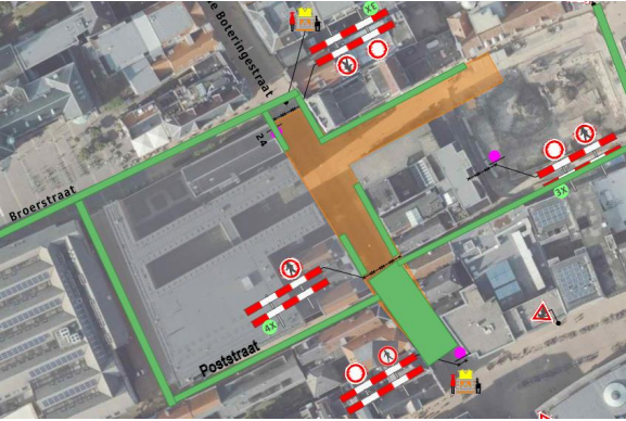 Closures 20 and 21 March for tower crane installation | Green: accessible zones