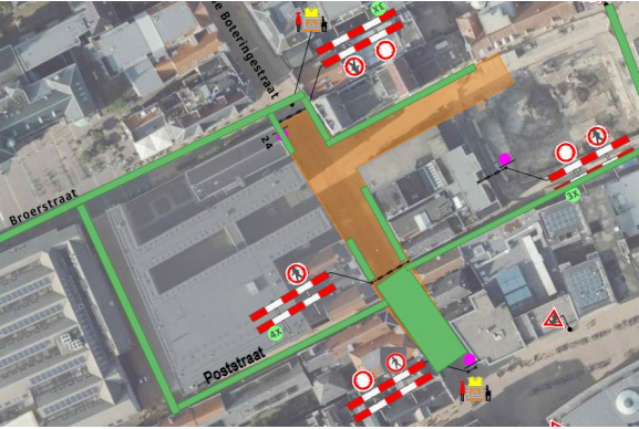 Afzettingen 20 en 21 maart t.b.v. opbouw torenkraan | Groen: toegankelijke zones