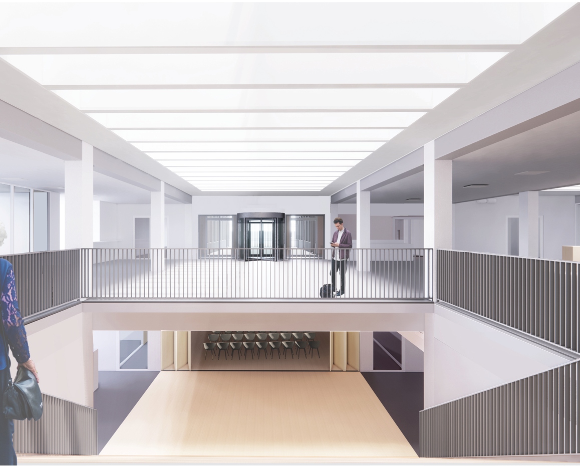 Vanaf de centrale ontmoetingsruimte loop je naar beneden via een brede podiumtrapThe souterrain is connected with the central reception through a wide podium staircase