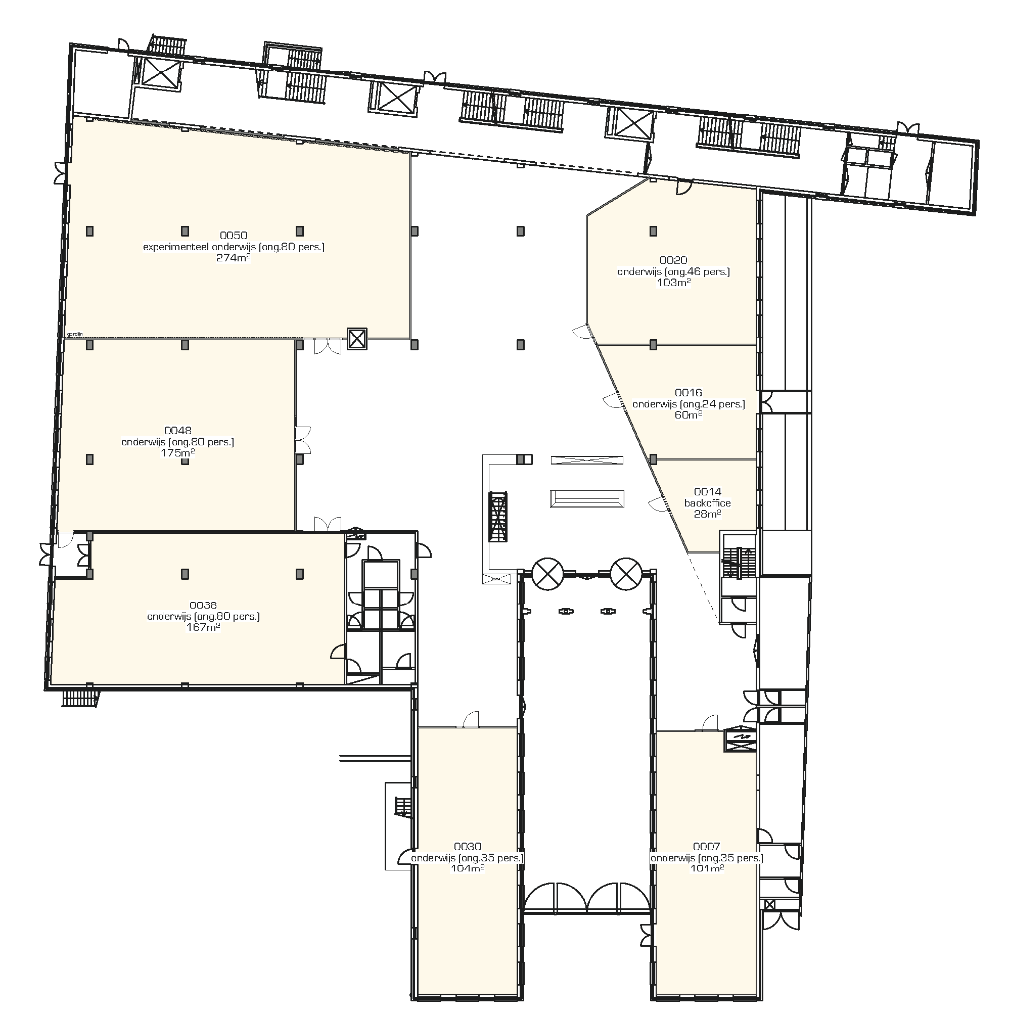 Plattegrond van de begane grond met extra onderwijsruimten