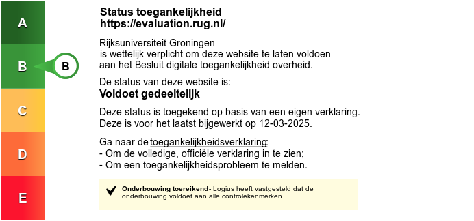 Status toegankelijkheid https://evaluation.rug.nl. De status van deze website is B: 'Voldoet Gedeeltelijk'.