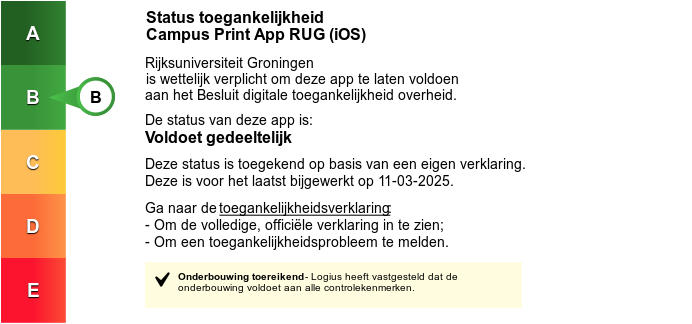Certificaat Status toegankelijkheid Campus Print App RUG (IOS). De status is B: 'voldoet gedeeltelijk'.