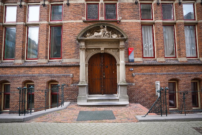 Front of the building and the main entrance with stairs