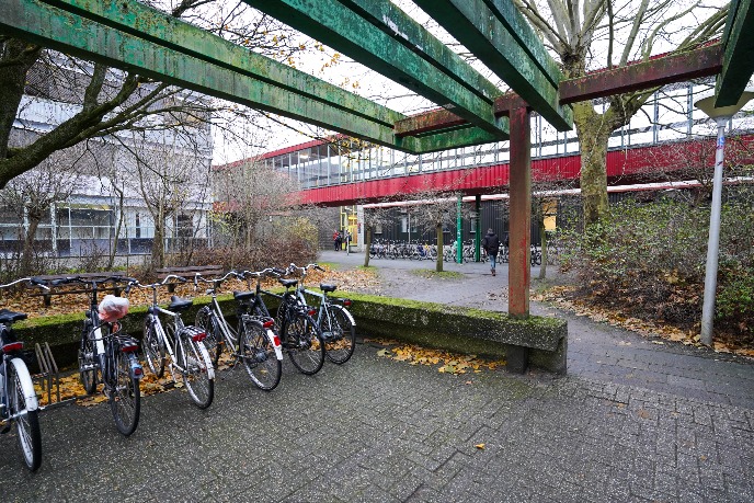 Fietsparkeerplaatsen aan de achterkant van het gebouw