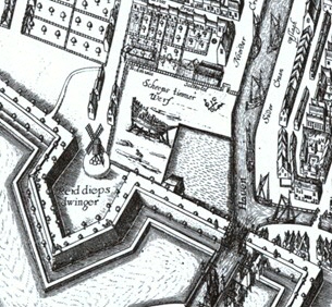 Uitsnede uit de kaart van Groningen van E. Houbois uit 1637