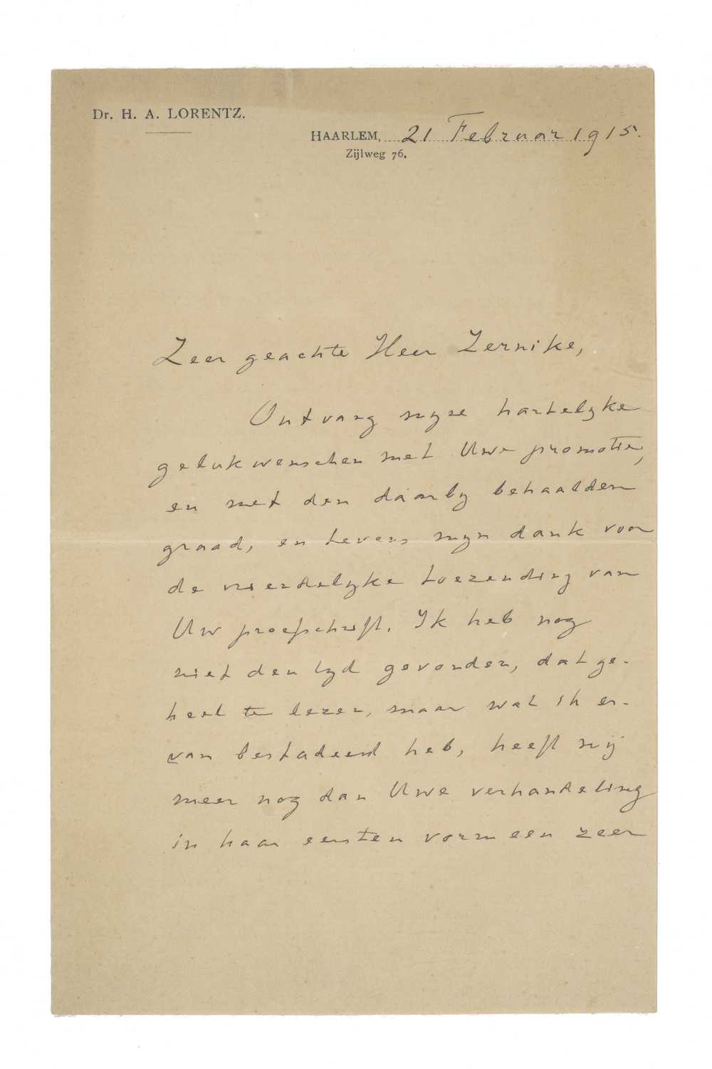 The letter of H.A. Lorentz to Frits Zernike. [Dated 21 February 1915]