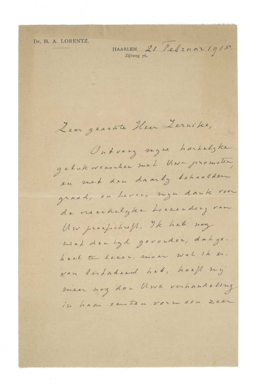De brief van H.A. Lorentz aan Frits Zernike. Gedateerd 21 februari 1915]