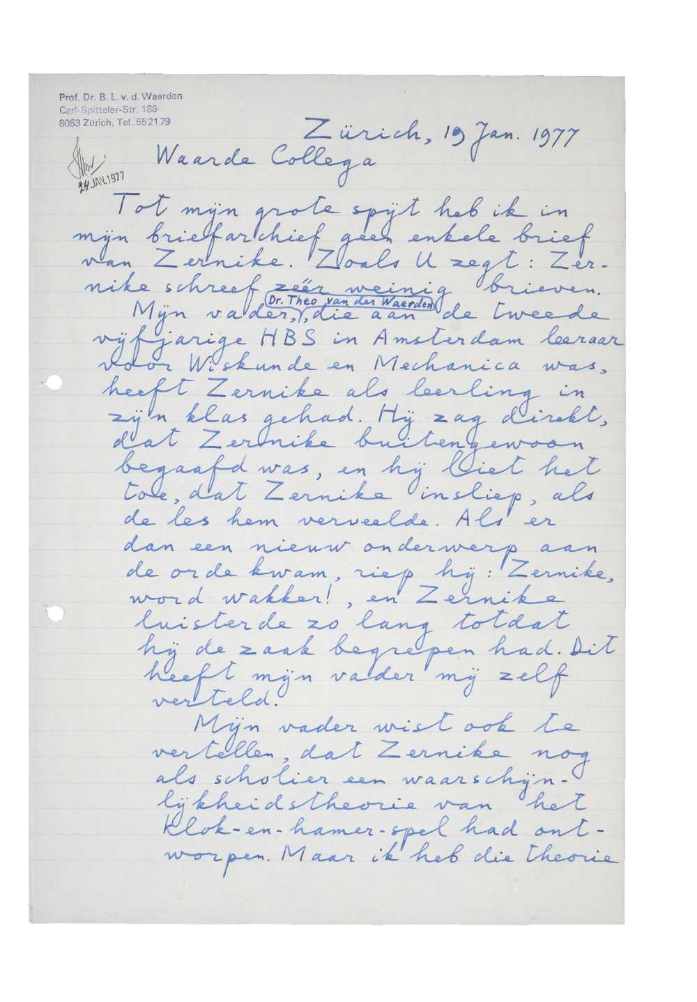 Brief van Bartel van der Waerden aan Hendrik Brinkman. Gedateerd 19 januari 1977]