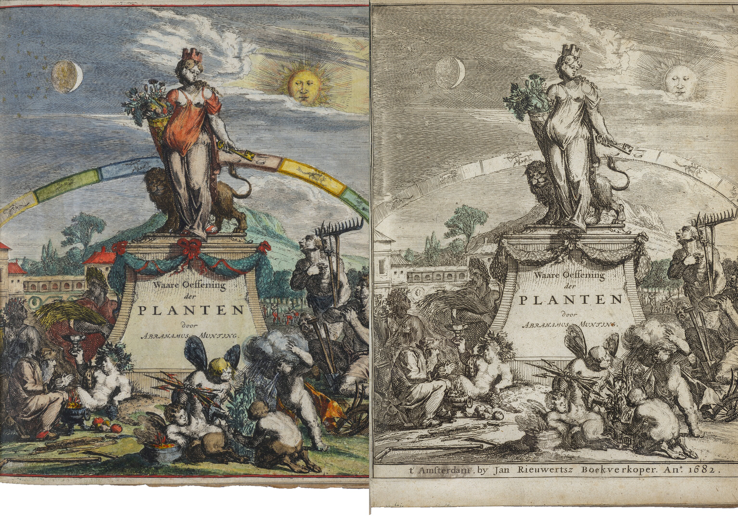 Twee exemplaren van de Waare oeffening der planten die in bezit zijn van de Bijzondere Collecties. De gravure van de linker kopie is rijkelijk ingekleurd, terwijl de rechter nauwelijks kleur heeft, behalve de bomen die lichtelijk groen zijn gekleurd.
