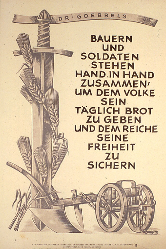 Boeren en soldaten staan hand in hand tesamen om het volk zijn dagelijks brood te geven en het Rijk zijn vrijheid te verzekeren