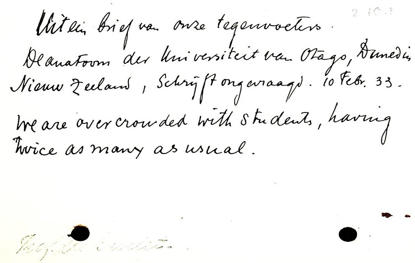 Ongevraagde reactie vanuit Nieuw-Zeeland. Bron: Rijksuniversiteit Groningen, Archief Deelman 2.10.1